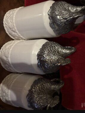 Arthur Court White Canisters with Design and Aluminum Roosters 2004 Set of 3